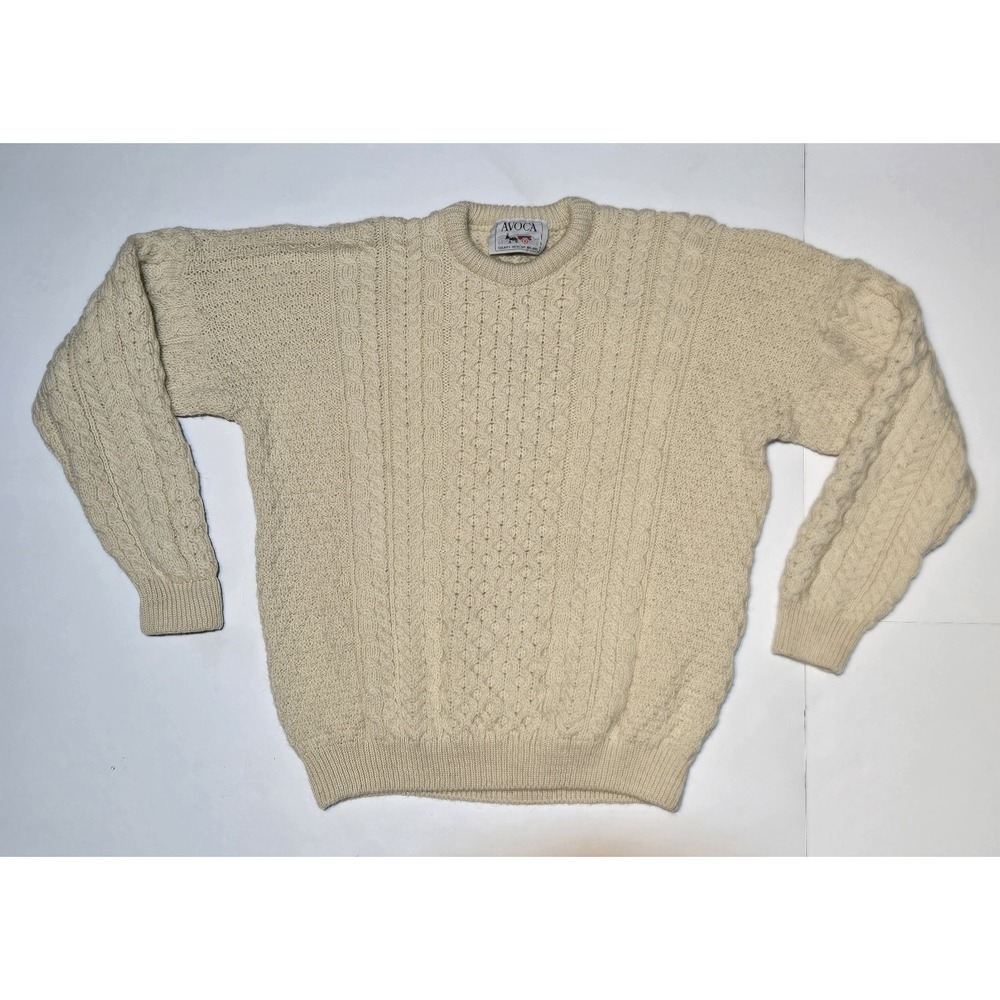 Vintage Avoca Ireland Aran Wool Sweater Mens Large Cream Cable Knit Fisherman